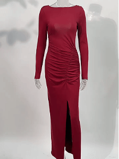 🎀💋New European and American style autumn sexy and fashionable backless long-sleeved slim high-waisted pleated slit long dress for women🎀💋