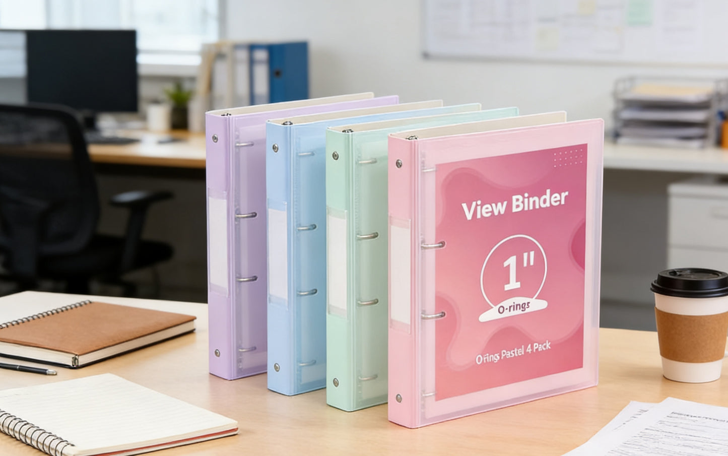 1 Inch 3 Ring Binders 4 Pack - Built Stronger with Safer Edges, Clear View Cover with Inside Pockets, Cute Pastel Colors for School & Office