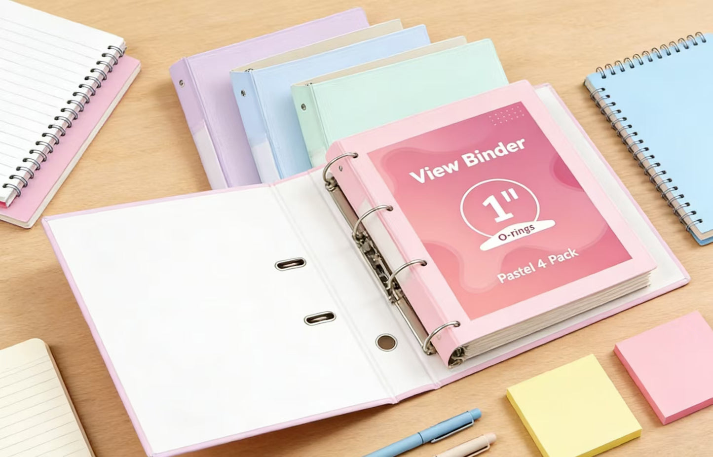1 Inch 3 Ring Binders 4 Pack - Built Stronger with Safer Edges, Clear View Cover with Inside Pockets, Cute Pastel Colors for School & Office