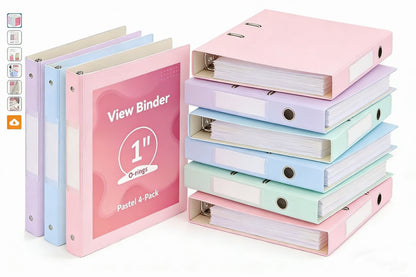 1 Inch 3 Ring Binders 4 Pack - Built Stronger with Safer Edges, Clear View Cover with Inside Pockets, Cute Pastel Colors for School & Office