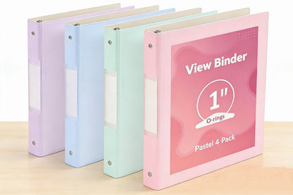 1 Inch 3 Ring Binders 4 Pack - Built Stronger with Safer Edges, Clear View Cover with Inside Pockets, Cute Pastel Colors for School & Office
