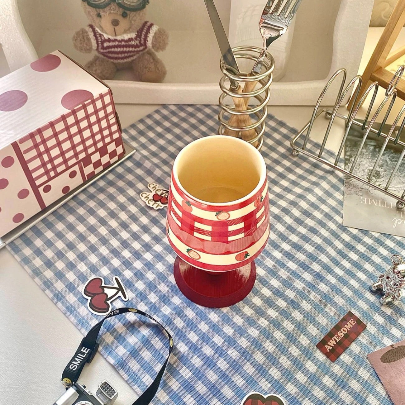 Apple, cherry, and strawberry stemmed mug