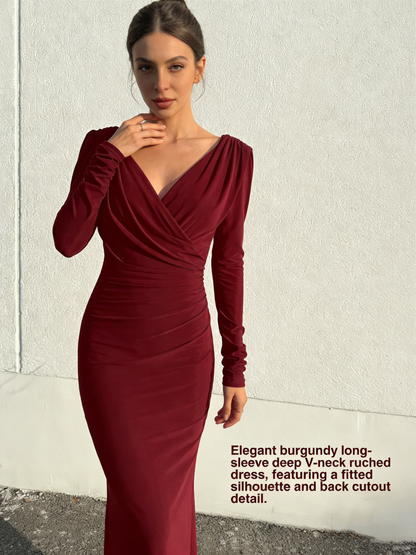 🎀💋New European and American style autumn sexy and fashionable backless long-sleeved slim high-waisted pleated slit long dress for women🎀💋