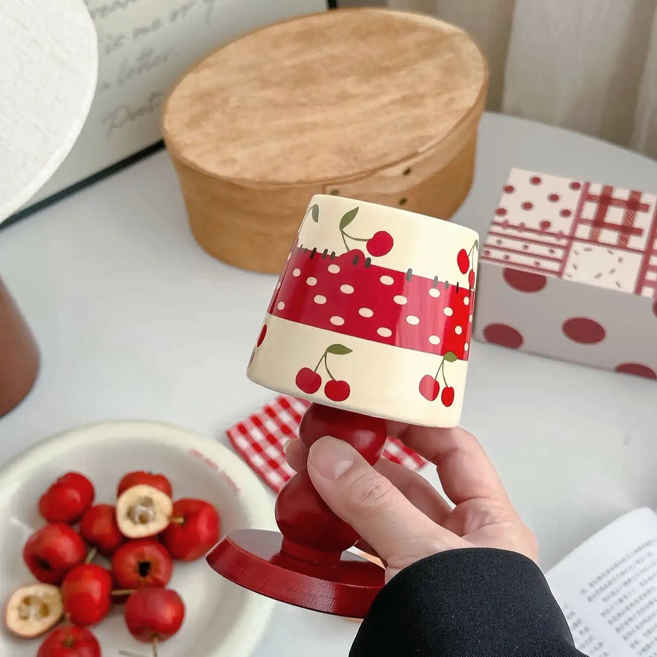 Apple, cherry, and strawberry stemmed mug