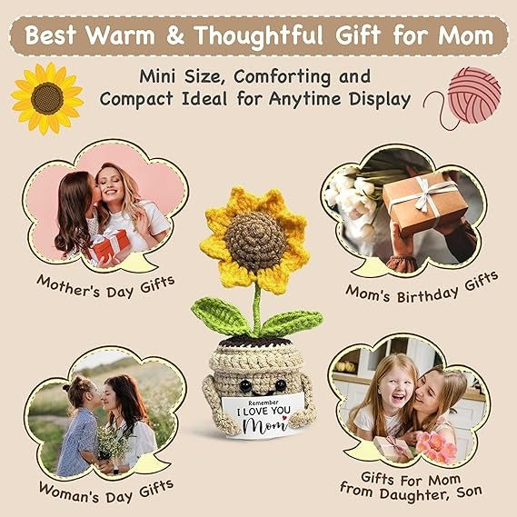 Mini Birthday Gifts for Mom，Handmade Crochet Cute Small Sunflower Gifts